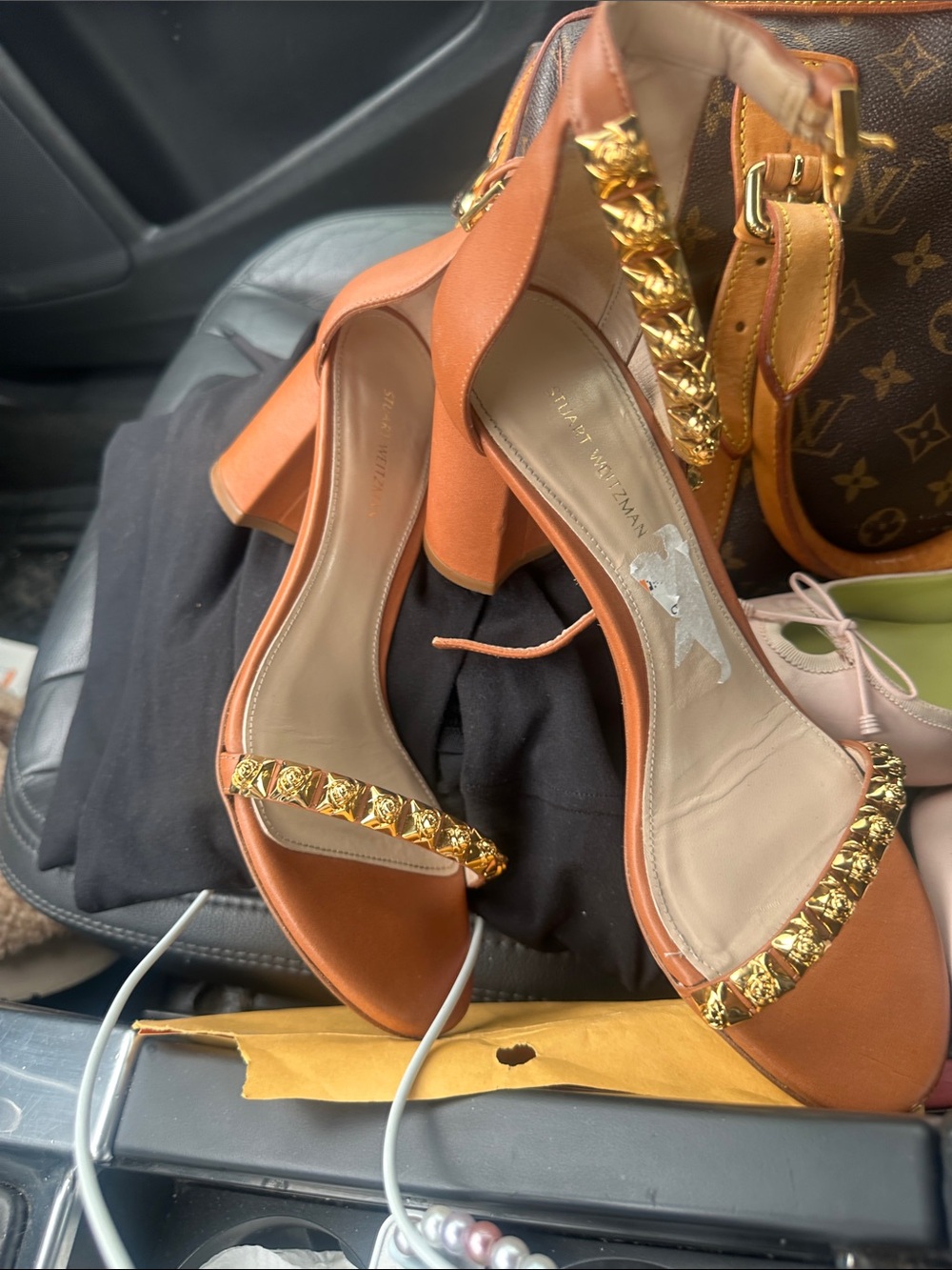Stuart Weitzman Orange Sandals with Gold Studded Trim